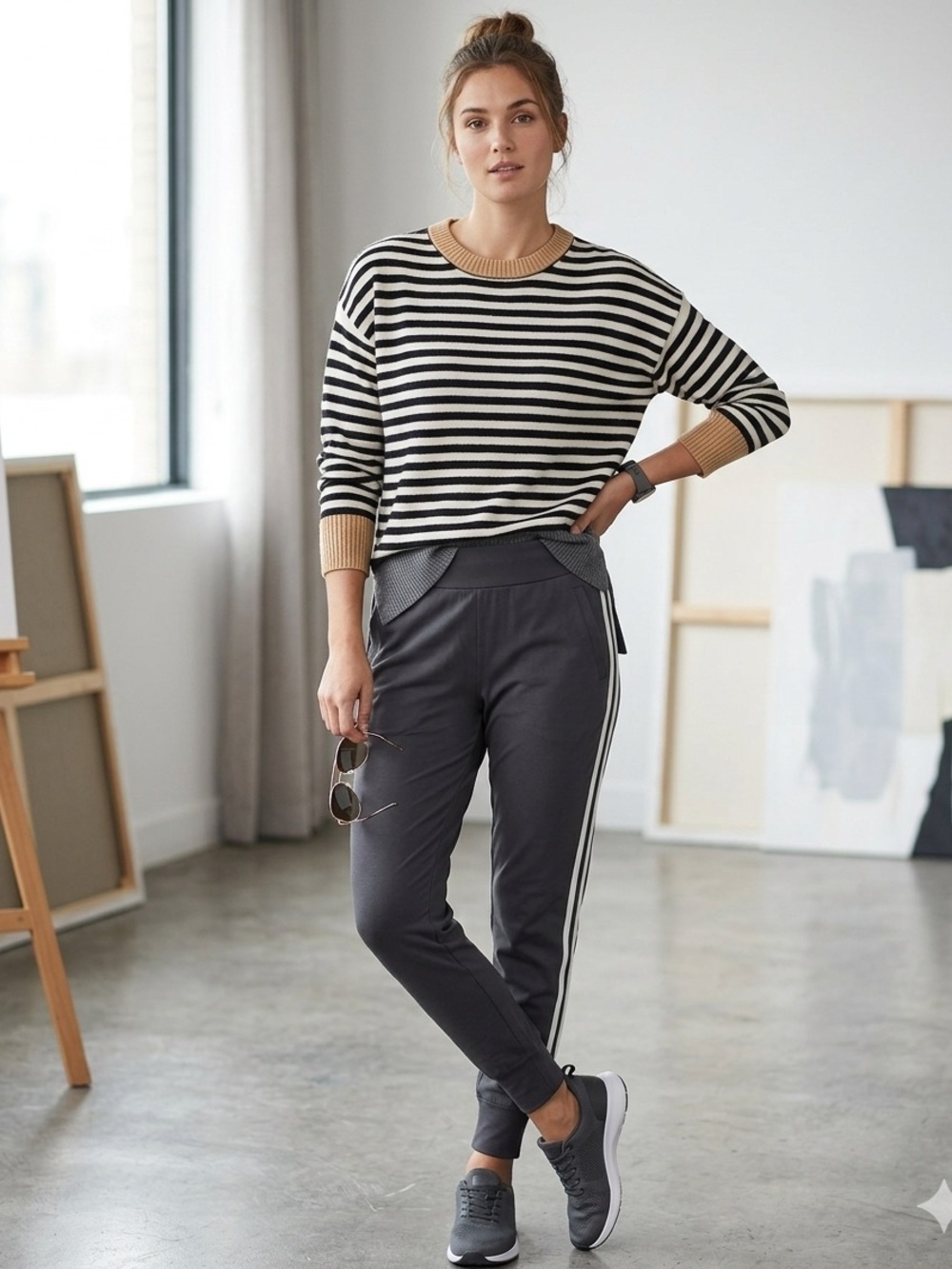 CeCe Black and White Striped Sweater with Tan and Charcoal Accents